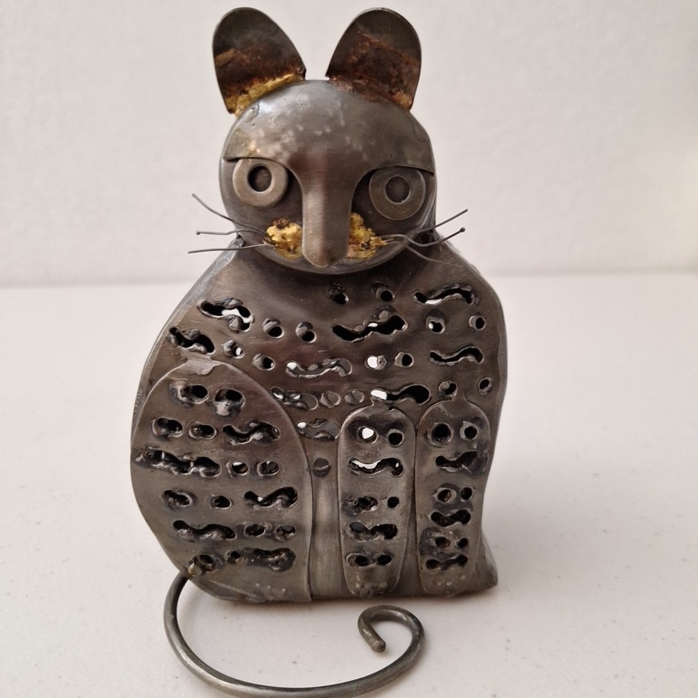 Metal Cat Tealight Holder Punched Metal 6 in Handmade Distressed Metal
